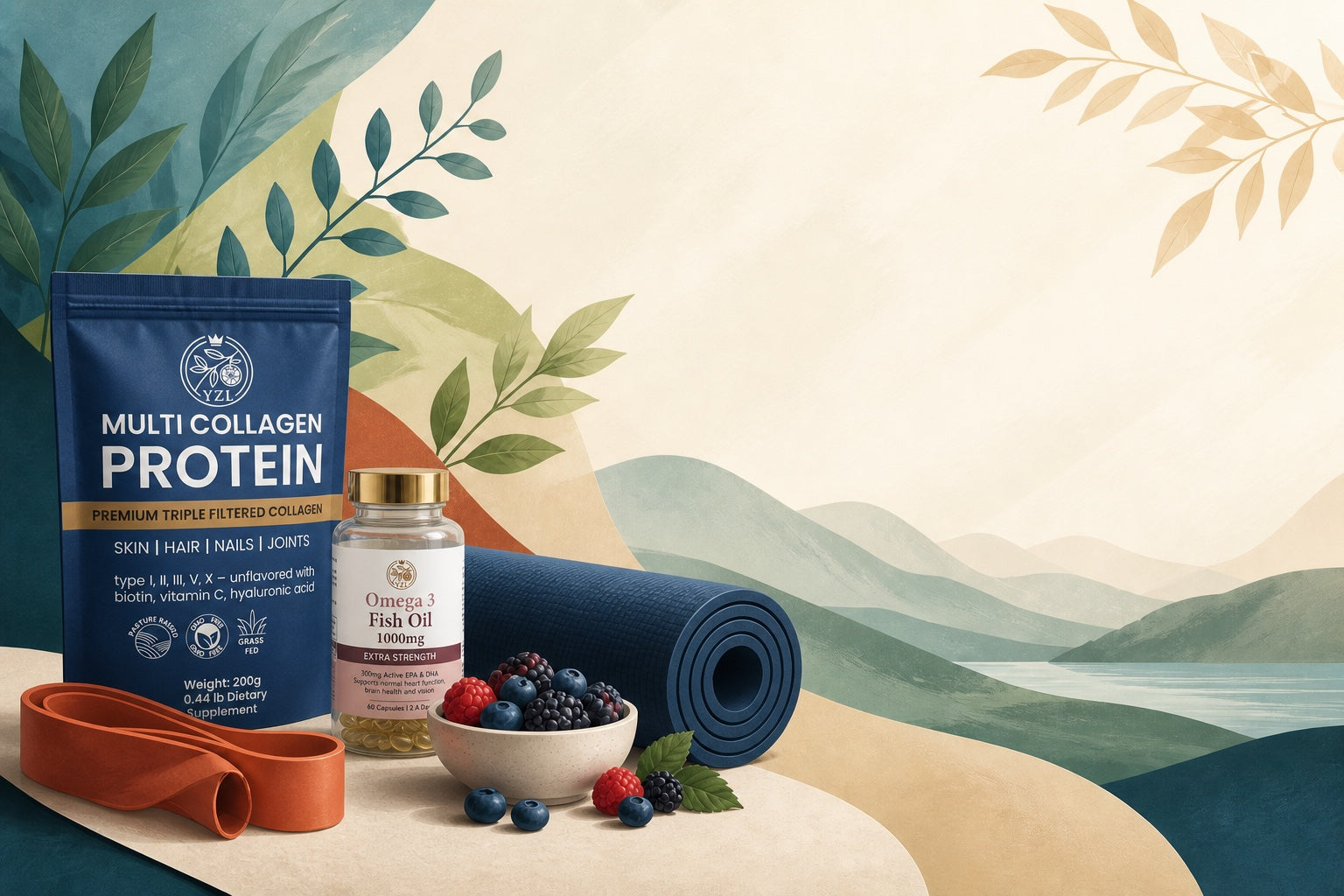 Fitness and recovery essentials with a yoga mat and fresh ingredients