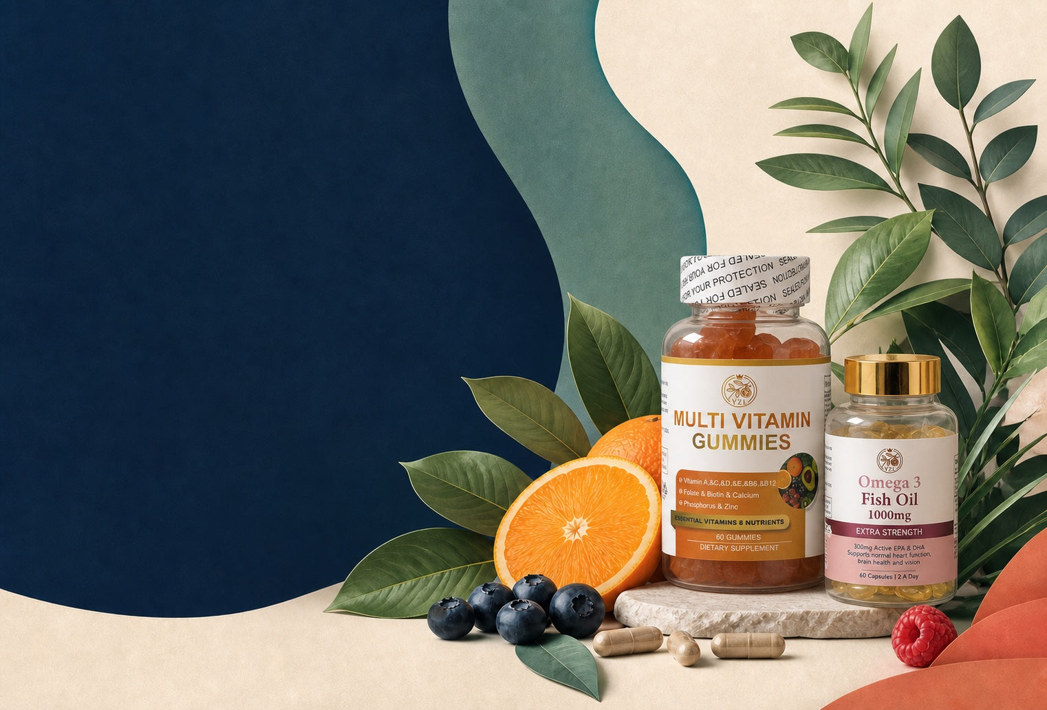 Daily vitamins with citrus, berries, and leafy greens