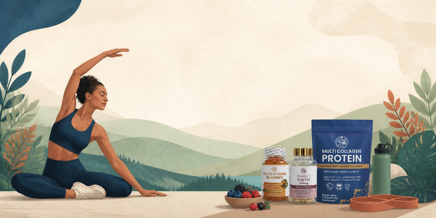 An active wellness routine with supplements and fresh ingredients