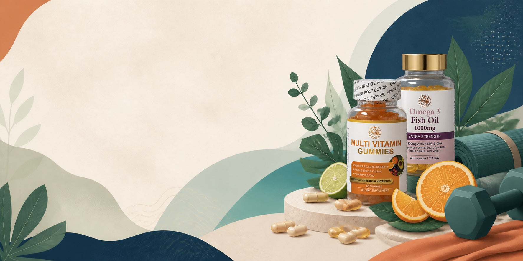 Daily wellness supplements with citrus, leafy greens, and fitness accessories
